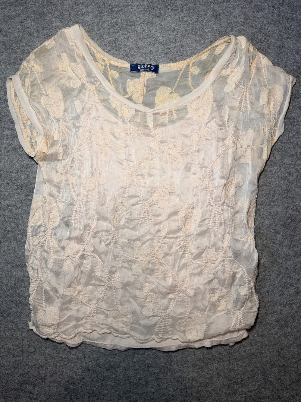 Giulia Women's Blouse S Embroidered Sheer Floral Cream